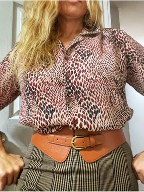 Donnkenny Red & Black Abstract Dot Blouse – Petite Large | Shoulder Pads